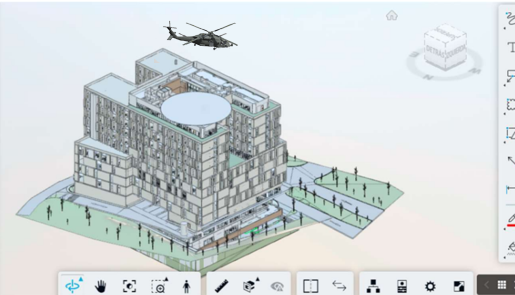 3D BIM model of a rooftop hospital heliport design with helicopter approach path