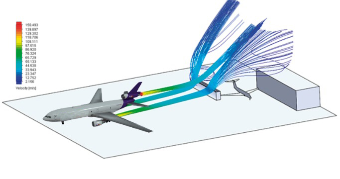 CFD simulation of jet blast velocity streamlines around an aircraft and a jet blast deflector protecting a hangar